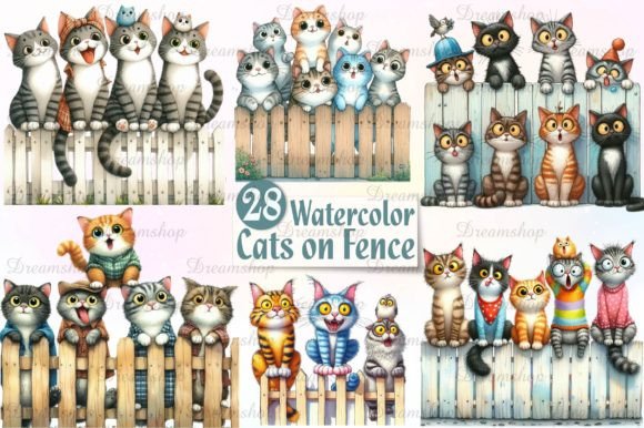 Download Watercolor Funny Cats on Fence Clipart - Cats Collection