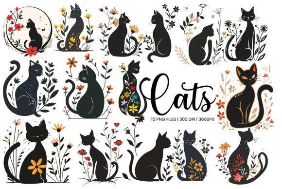 Download Black Cats and Flowers Clip Art Png - Cats Collection