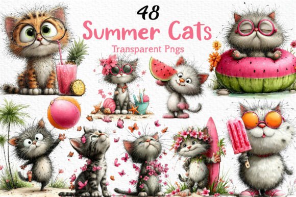 Download Whimsical Summer Cats Clipart PNG - Cats Collection